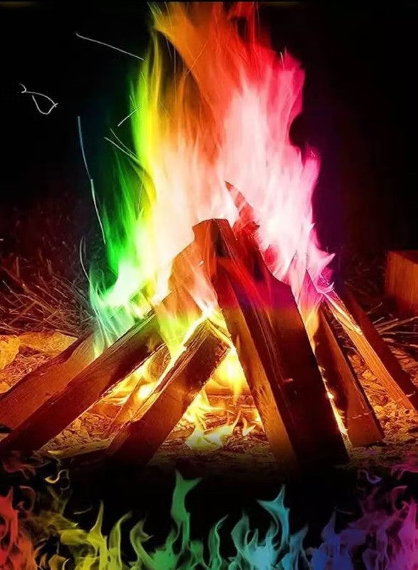 Flame-on حزم نيران سحرية غامضة – مسحوق لهب كوني متغير اللون لحرائق المخيمات، حفرة النار والمدافئ، لون النار الداخلي والخارجي (15 جرام) - Image 2